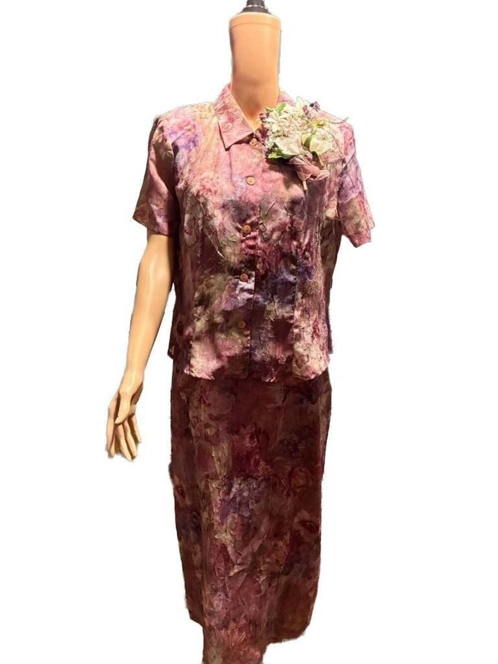 Vintage Miss Dorby Floral Crinkle Chiffon Two-Piece Skirt Set